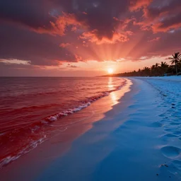 a beach in a alien planet with a red sea and blue sand at sunrise, concept art, octane render, unreal engine 5, trending on artstation, high quality, highly detailed, 8 k hdr, trending on deviantart, red sea, blue sand, high coherence, path traced, serene landscape, breathtaking landscape, cinematic lighting, hyperrealistic, godrays