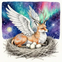 a pencil drawing of a auroral cosmic hyperspace winged deer fox griffon settling its nest and clutch of fluffy eggs, vibrant watercolor painting on rough gouache canvas