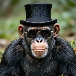 a photorealistic portrait of a chimpanzee, with a top hat and sunglasses, highly detailed
