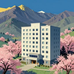 a psychedelic hallucination of a brutalist hotel in the springtime blossom mountains, by kawase hasui, moebius, edward hopper, colorful flat surreal design, dramatic lighting, hd, 8 k, artstation