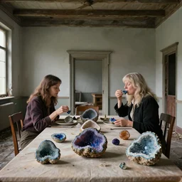 a couple eating colorful crystal geodes at a dining table, in a desolate abandoned house, by Jan van Eyck