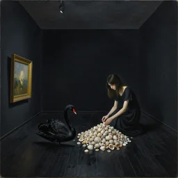 painting of a flooded gallery rooms at a nagasaki art gallery, zen, black walls, japan black wooden floorboards, a tall emo woman counting a pile of seashells in a dark room, a black swan, surrealist, by magritte and monet