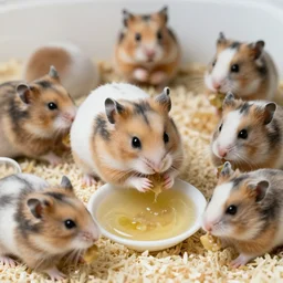 detailed photo of a hamster eating soup, various poses, full body, daylight, 8 k