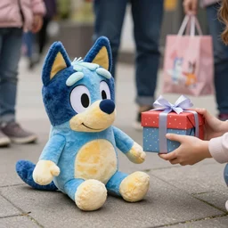 blue'snappy gifts'plush doll, on sidewalk, giving gifts to people, happy atmosphere, high detail, soft lighting, 8 k