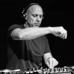 medium close shot photo of blurry jeff mills djing with his elbow stretched to the right, monochrome fade filter, slight inverted colors filter, black background, low angle