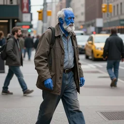an old man with blue skin walking in new york city, real photo, highly detailed, digital painting, sharp focus
