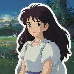 a photograph, beauty & mystery of princess aurora. enigmatic smile and gaze invite us into her world, and we cannot help but be drawn in. soft features & delicate way she is dressed make her almost ethereal. landscape distance and mystery. what secrets princess aurora holds. sticker illustration by hayao miyazaki, by robert vonnoh swirling