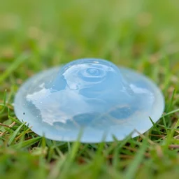 photo of one transparent translucent closeup bluish slime in the meadow. 8 5 mm,