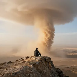 man sitting on top peak mountain cliff looking at huge sand tornado