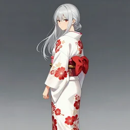 beautiful girl, silver hair, white kimono with complex red flower patterns, full body, looking to camera, showing her shoulder (from back), ilustration by ((Takehiko Inoue)) ((and Krenz Cushart))
