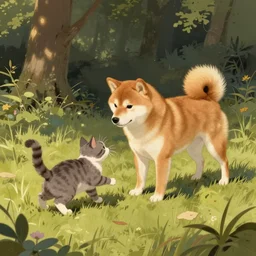 A Shiba Inu and a cat playing together, illustration by Beatrix Potter