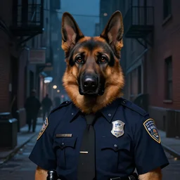 new york city portrait of furry anthro anthropomorphic german shepard head animal person fursona wearing clothes nypd traditional police uniform in the alley, dark moody night nighttime, digital art by Nerdrum John, William Waterhouse, Winslow Homer, Alex Heywood, Jordan Grimmer, Darren Quach, Greg Rutkowski, Simon Stalenhag, trending on Artstation, CGSociety