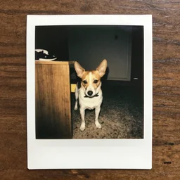 small dog robbing a bank, vintage polaroid