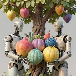 cyborgs under a tree, holding huge interesting elaborate coloured fruits. in the style of Michelangelo, with cyberpunk liberty and flemish baroque mixed media details. vibrant vivid 3d textures in natural pastel tones. matte background HD 8x