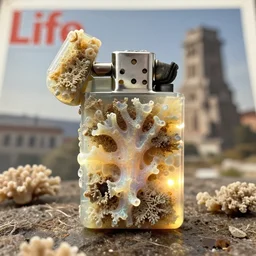 realistic product photo of a lighter designed by dieter rams covered in shriveling dead semi - translucent iridescent coral reef, emitting aura, 1 9 6 0, life magazine photo, natural colors, metropolitan museum, kodak, 8 k, very detailed, high resolution, product photo,