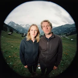 kodak portra 4 0 0, wetplate, flashlight, 8 mm extreme fisheye, award - winning portrait by britt marling of heidi meets almohi for the first time at mountain meadow in swiss alps, muted colours