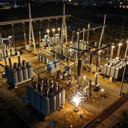 overhead establishing shot at night of a massive, complex electrical power station made of shiny metal, transformers, powerlines, insulators, volumetric lights, sparks firing, wires glowing, 8 k, ultra realistic, photorealistic, maxwell render, arnold render, golden ratio, night lights