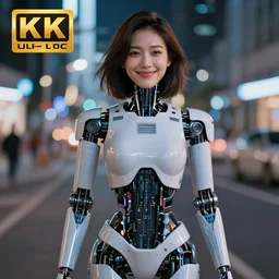 female robot happy smirk, urban night life, sexy, 4 k, detailed