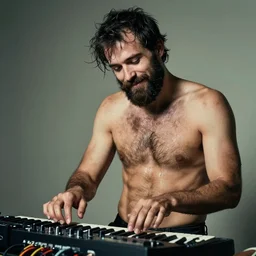 the shirtless man is smiling with his beard pulled back and his fingers curled. his clothes are dirty and wet. he is playing electronic music which is dripping and smeared everywhere