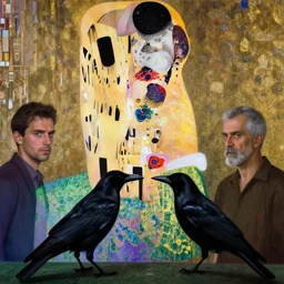 a battle of crows in mumbai, hyperrealistic film still by edward hopper, by gottfried helnwein, by klimt, by paolo uccello, art nouveau, highly detailed, strong lights, liminal, eerie, metaphysical, bright pastel colors