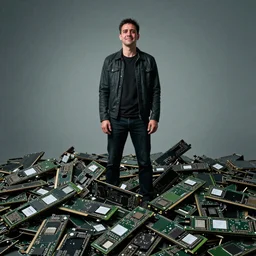 last man standing on the pile of busted nvidia graphics cards hopelessly, tears running down his both cheeks.