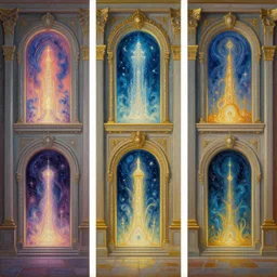 centralized triptych style painting showing walls with magic portals to other worlds, sharp focus, digital, sectioned in thirds, architecture, detailed, elegant artist greg rutkowski