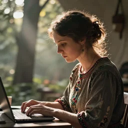 a woman is typing. her head is full of ideas. it is morning. folk horror
