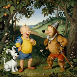 Asterix and Obelix in the Garden of Earthly Delights. Oil painting the style of Hieronymus Bosch, highly detailed, Tintin, Snowy, Professor Calculus