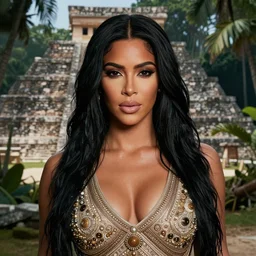detailed portrait of kim kardashian in mayan pyramid jungle ruins orientalism