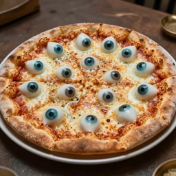 pizza, covered in eyesballs, 4k, high definition, realistic, cinematic, centered