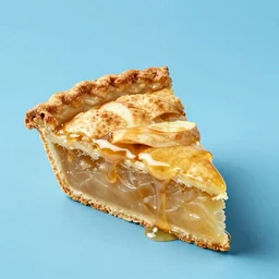 1 thick slice of apple pie floating on a blue background, chesley bonestell, vincent di fate, covered in golden crust, large slice, dripping syrup