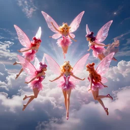 a group of 6 young winx fairies with big pink glass wings fly in the clouds, epic atmosphere, celestial light, highly detailed, cinematic lighting, perfect composition, william - adolphe bouguereau