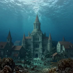 a renaissance like painting of a city submerged underwater