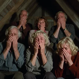 7 0 s film still from a horror movie with elderly people crying inside of an attic, kodachrome, cinecolor, cinestill, photorealism, cinematic, film grain, film texture, vhs recording