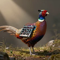 a scientific illustration of a cybernetic pheasant that is an eurorack modular synthesizer, with electronic colorful feathers, cables and knobs in its body. john james audubon