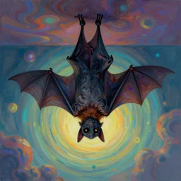 a melancholic!! bat!!! hanging upside down from the ceiling, sad, psychedelic, beautiful composition, beautiful colors, sad, masterpiece