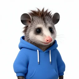 anthropomorphic opossum with emo haircut wearing a blue hoodie, digital art