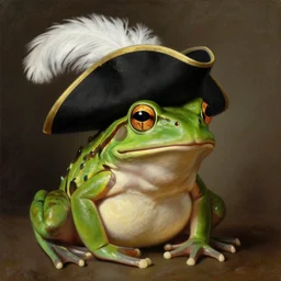 a portrait painting of a frog wearing a black tricorn hat with a white feather, artstation, classical realism, detailed painting, oil on canvas