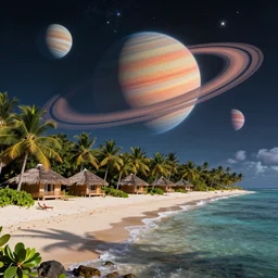 tropical resort on a distant planet, on the beach, with stars and ringed, colorful planets in the sky