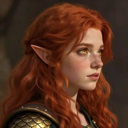 a profile picture of a feisty redheaded halfling young woman with freckles like brass scales, wavy shoulder-length hair, gold eyes, headshot, dungeons and dragons, digital art, D&D, artstation