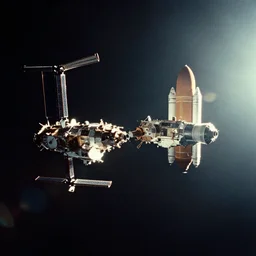 photo of 2 space stations docking in space, backlit, cinematic lighting, 35mm film, action shot