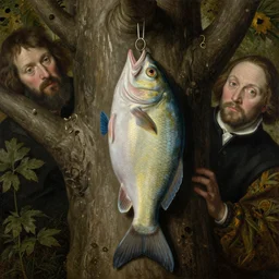 The portrait of half-fish flipper hanged in the tree of true art by Hieronymus Bosch and Pieter Bruegel inspired by Terry Pratchett, super detailed oil painting, hyper realistic faces, 4k, masterpiece