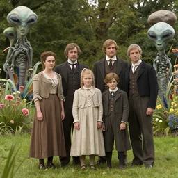 sharp, highly detailed, 175000mm film still from a sci fi blockbuster color movie made in 2019, set in 1860, of a family standing in a park, next to some strange alien plants and flowers, on an alien planet, the family are all wearing 1860s era clothes, good lighting, enhanced faces, 700mm f/1.4L lens