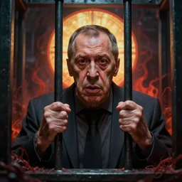 shocked sergey lavrov with tears in cage, cage, hell, hyper - realistic, sharp focus, depth of field, hyper - detailed visionary art, symmetric, hell, holy halo, dramatic ambient lighting, high detail, vibrant colors, the thing 1 9 8 2, judgment day, apocalypse,