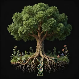 fabulous tree! of wisdom! and knowledge! with roots morphed into dna strand!, enchanted botany illustration, dark background, by marianne north, by android jones, digital matte painting, very coherently symmetrical, octane render, high contrast