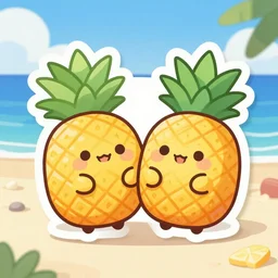 die cut sticker of anime chibi kawaii cute two pineapples on beach vacation