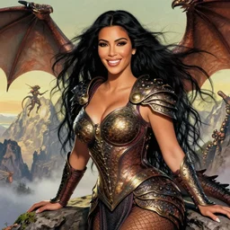 closeup portrait of happy beautiful kim kardashian xena dragon queen leaning against dragons, long black windblown hair and dragonskin armor, standing on a ledge of a mountain, glamour pose, detailed illustration, digital art, volumetric lighting, rim lighting, yoshitaka amano, alphonse mucha, arney freytag, maxfield parrish, wlop, new art nouveau