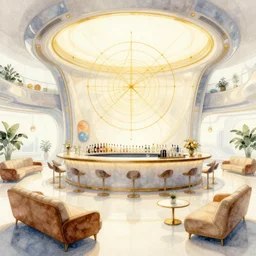 a beautiful illustration of futuristic bar, lots of furniture, sofa, waiting room, big medium small, sacred geometry, golden ratio, in watercolor gouache detailed paintings, in style of syd mead, trending on artstation, 8 k, panel, hard surface, vent, zaha hadid, props, plant, cozy, decoration around the room, simon stalenhag, deus ex