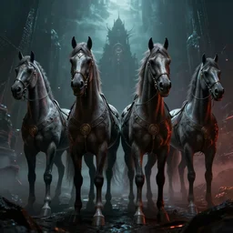 the four horseman of the apocalypse cyberpunk, dark illumination, fantasy, apocalyptic, dramatic