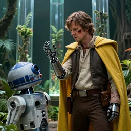cinematic still image screenshot portrait of cybernetic half android half man luke skywalker battle wounds wearing a yellow cape holding up his cybernetic hand, while he is talking to a lonely medical droid, from the tv show on disney + anamorphic lens, ending from empire strikes back crisp 4 k imax, lit from below, plant forest in glass tubes, underlight, moody iconic scene, a